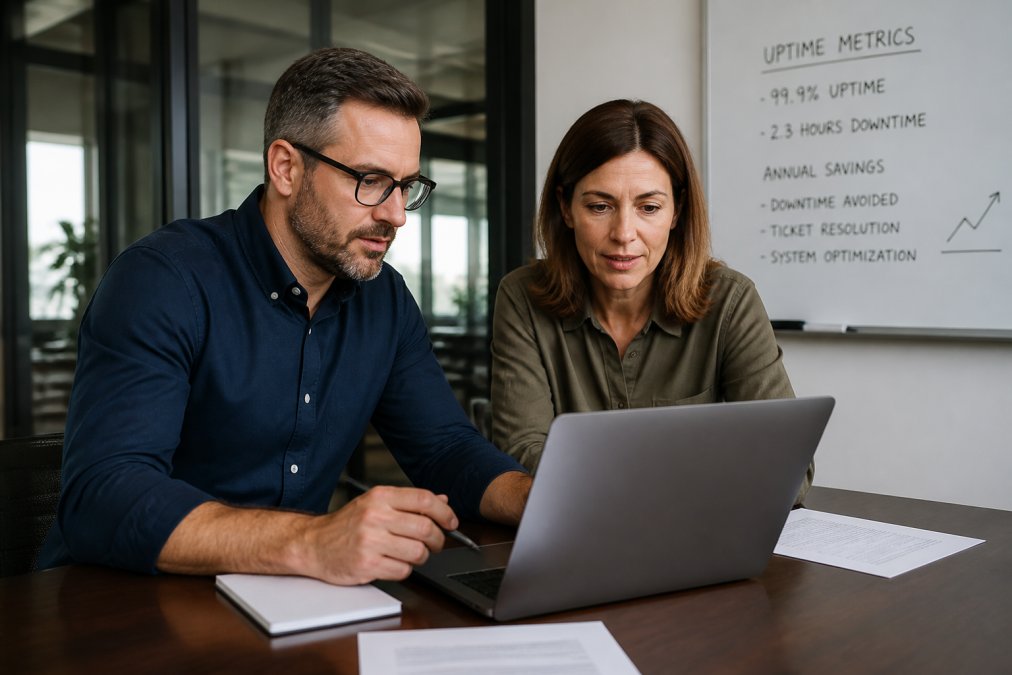 An IT manager and operations manager reviewing cost breakdowns on a laptop in a modern office, with a whiteboard showing uptime metrics in the background