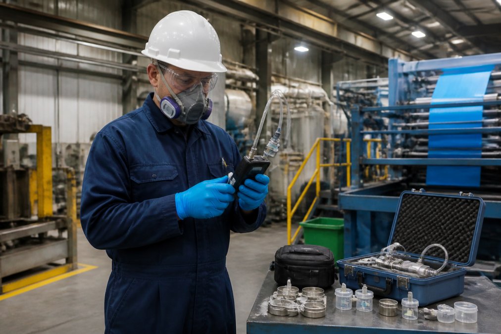 Industrial hygienist using a pump for professional air quality testing in a manufacturing facility.