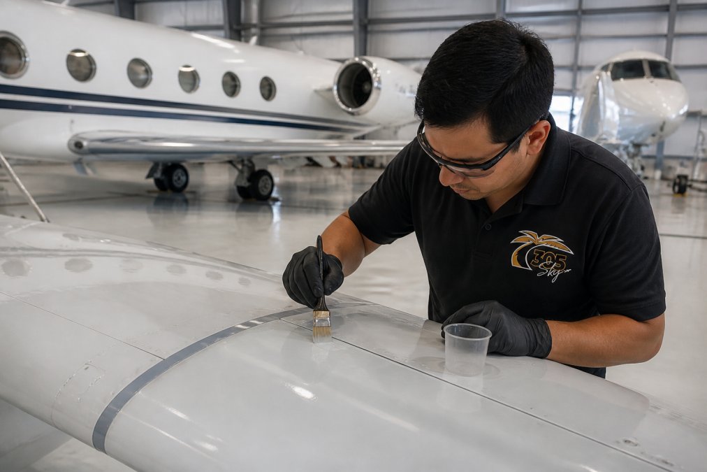 An aviation maintenance technician in a clean, well-lit hangar applying a protective coating to the wing of a private jet, with a Gulfstream or Citation visible in the background
