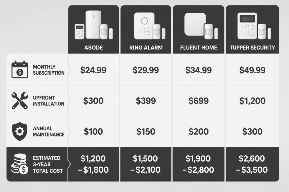 Comparison chart showing 3-year costs for professional alarm monitoring to determine if it is worth the cost.