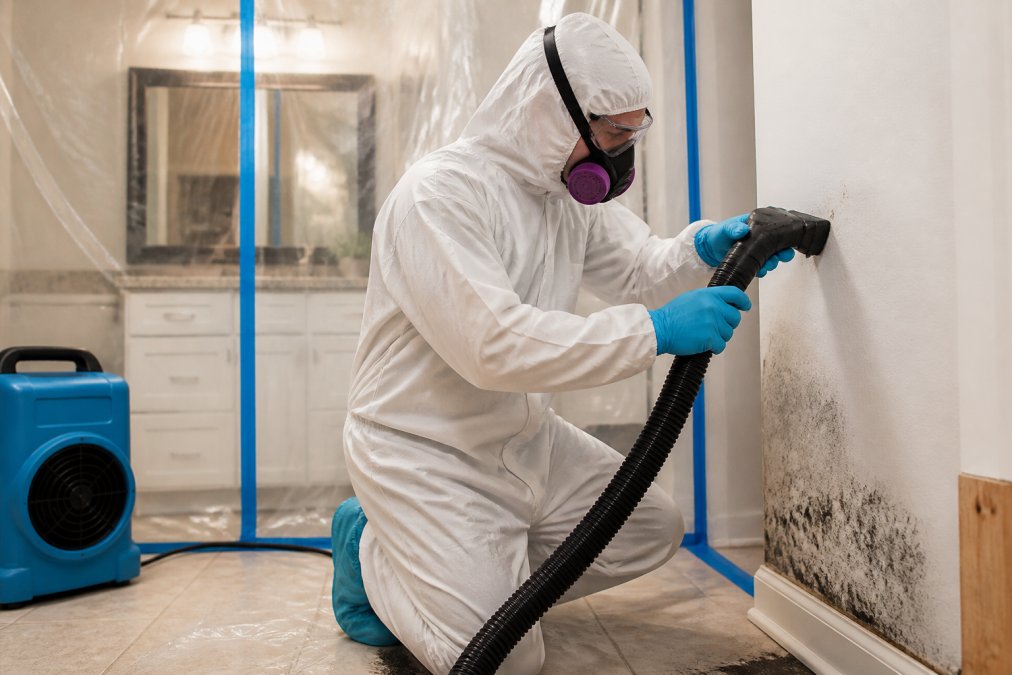 Technician in protective gear using a HEPA vacuum for bathroom mold removal with plastic containment barriers in place