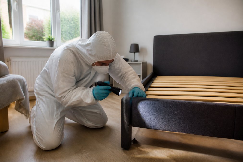 A pest control technician in white protective coveralls and gloves inspecting a bed frame in a modern rental flat, shining a torch along the seams and crevices under natural window light