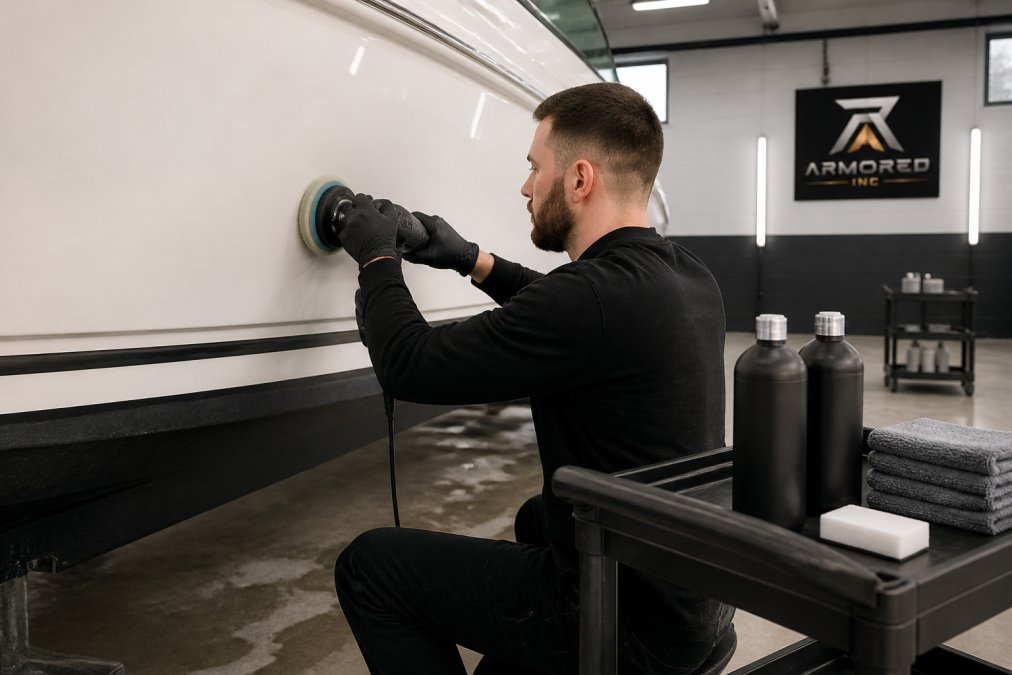 Professional detailer using a machine polisher on a boat hull to prepare the surface for boat ceramic coating.