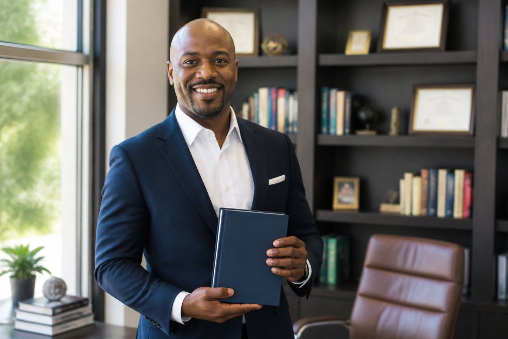 Confident business professional in tailored suit holding their published hardcover book in a sunlit modern office, with bookshelves and professional credentials visible in background