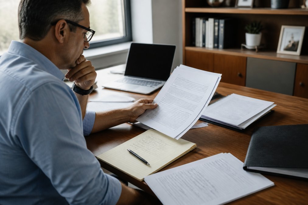 Business owner reviewing consulting proposal documents and handwritten notes across a polished desk, with consultant's laptop visible in background, natural office light from window
