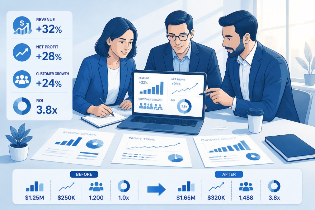 Team of three professionals reviewing business metrics on laptop screen together, with printed reports and growth charts spread across table, morning sunlight streaming across workspace