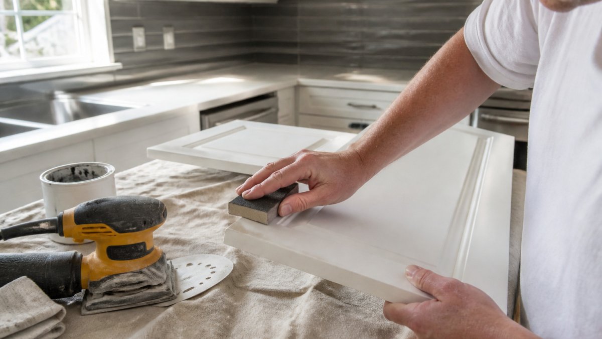 Painter using a sanding block on a white maple door for cabinet refinishing