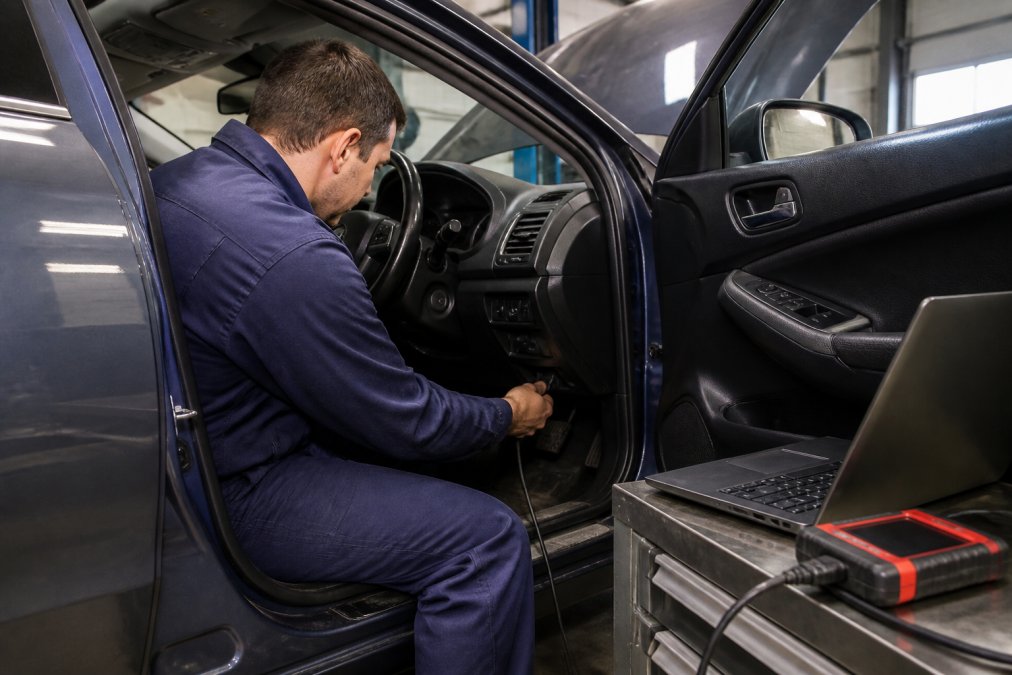 Mechanic connecting a scan tool to an OBD2 port to perform a car diagnosis using live engine data analysis