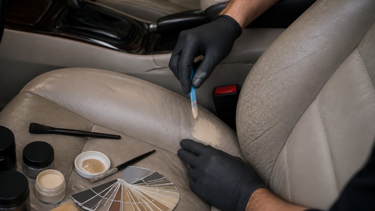 Close-up of a technician's gloved hands applying colour-matched filler to a worn leather car seat bolster, tools and colour swatches resting on the seat beside them