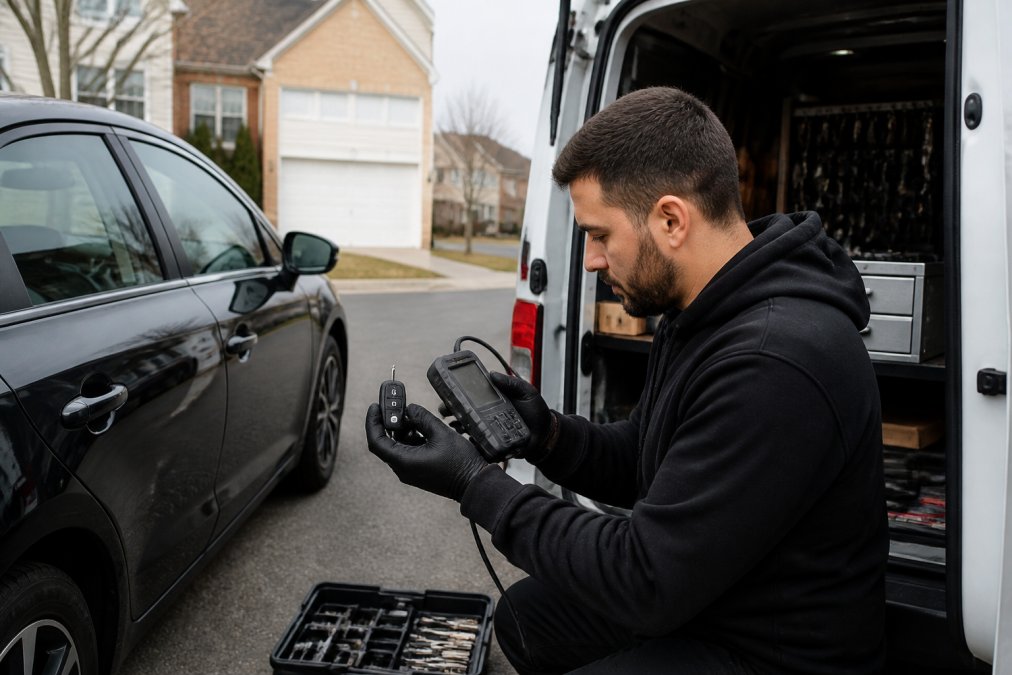 A locksmith in a service van programming a car key fob next to a vehicle in a Northern Virginia suburban driveway