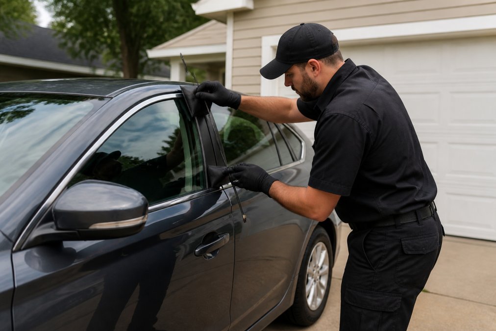 A professional mobile locksmith in a dark uniform using an air wedge and long-reach tool to open a modern sedan door without damage, parked in a suburban driveway during daylight