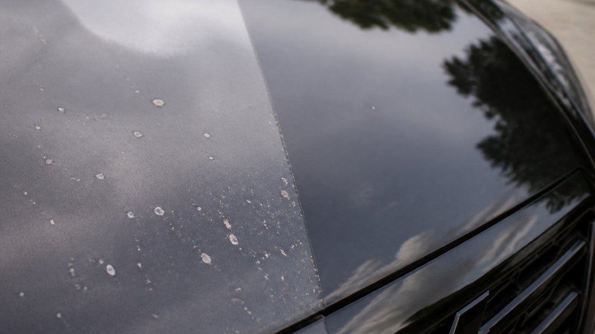Close-up of a vehicle's hood showing stone chips and paint damage on an unprotected area alongside a pristine protected section, highlighting the contrast between damaged and protected paintwork