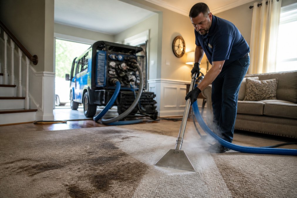 Professional technician using truck-mounted hot water extraction equipment on a heavily stained carpet section, with water extraction visible and steam rising, in a residential living room with natural window light