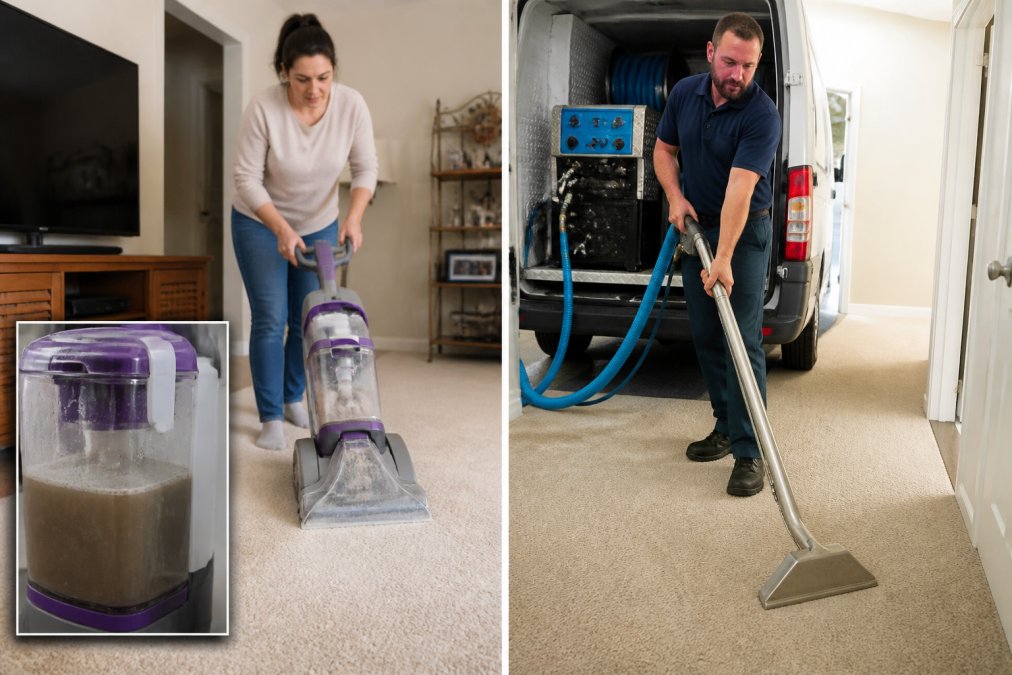 Homeowner using a rental machine next to a technician providing professional carpet cleaning with an extraction wand