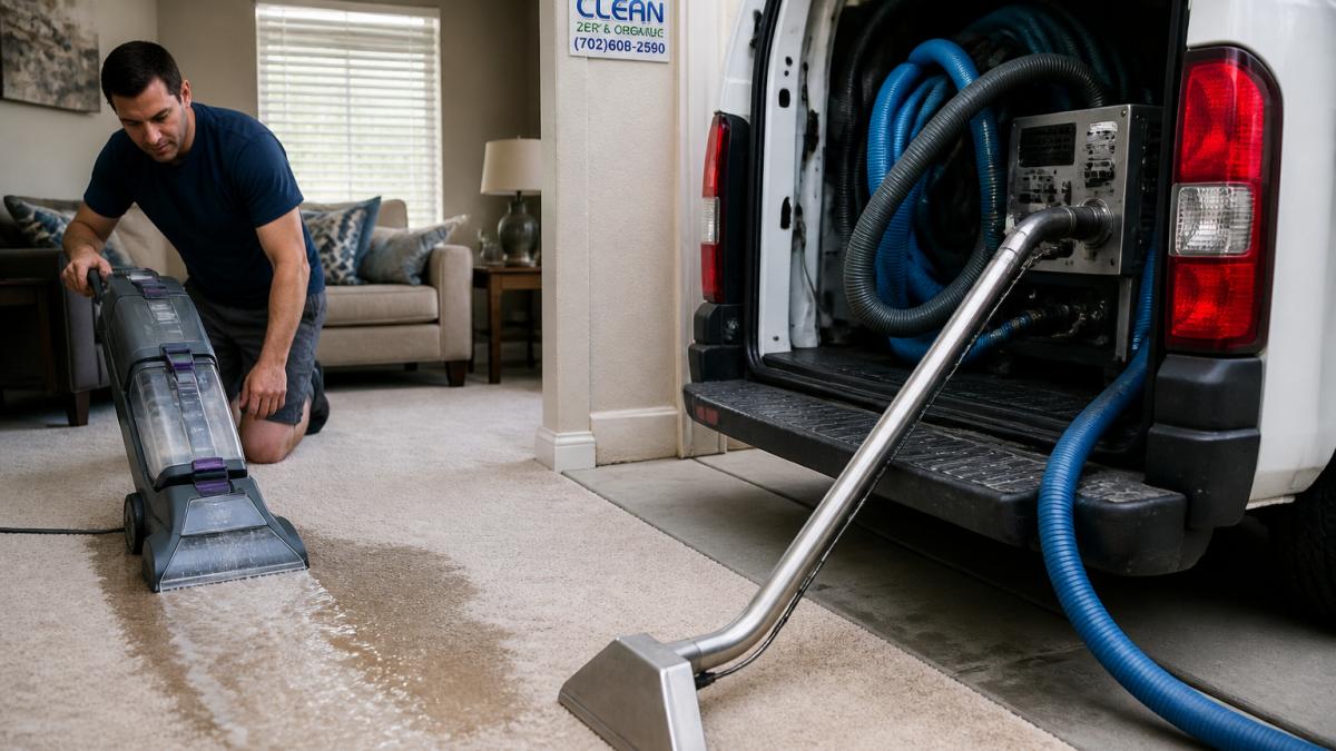 Homeowner using a rental machine beside a professional carpet cleaning truck-mounted extraction wand
