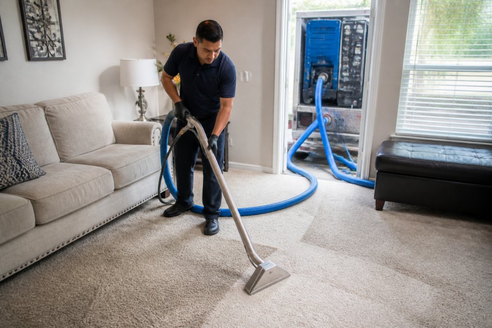 Professional technician using truck-mounted hot water extraction equipment on residential carpet in a living room, demonstrating the equipment and cleaning process in action