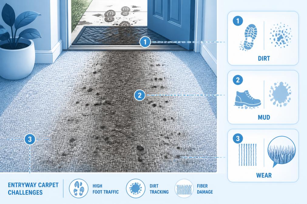 Close-up of a carpeted entryway showing visible dirt accumulation, mud stains, and distinct foot traffic wear patterns concentrated near the doorway, with darker soil lines marking the most-traveled path