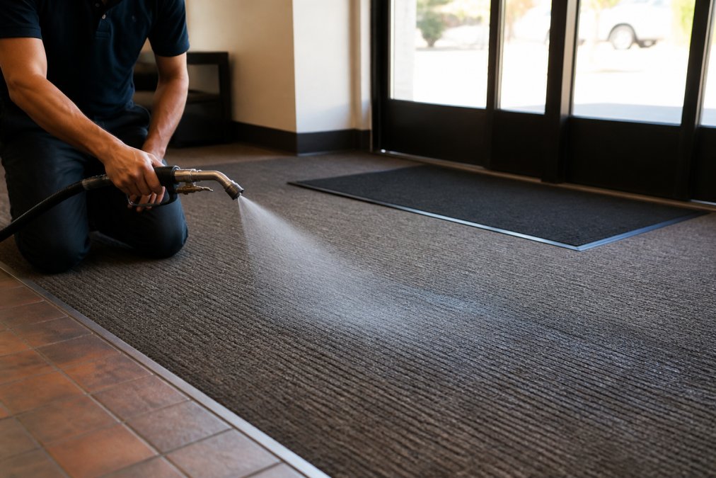 Professional carpet technician spraying hydrophobic sealant treatment onto entryway carpet using professional-grade equipment, demonstrating even application technique with visible mist coverage