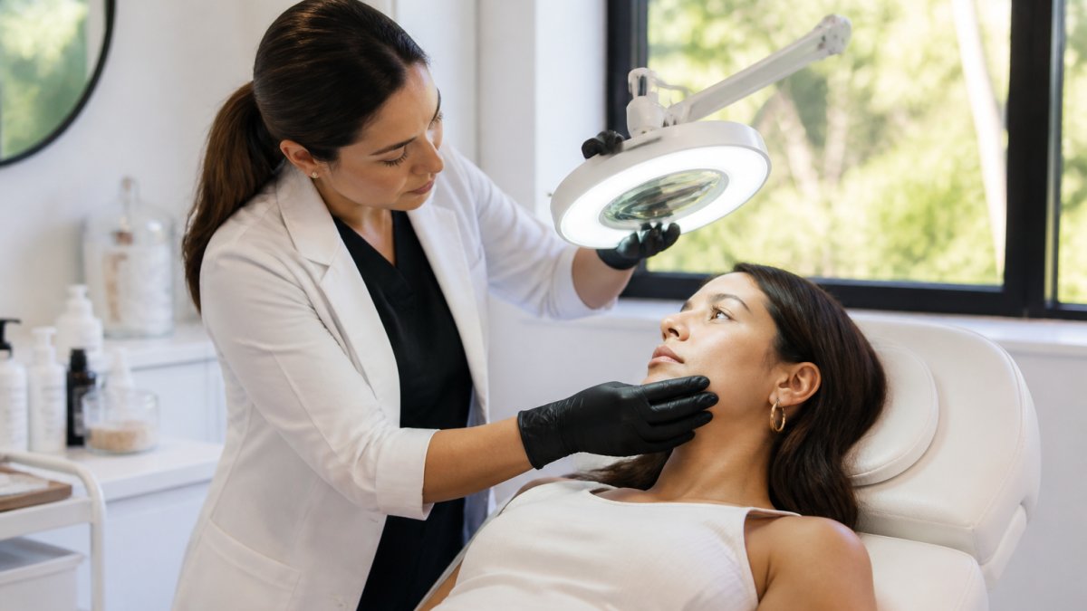 Dermatologist using a magnifying lamp to examine skin before a professional chemical peel acne scars treatment