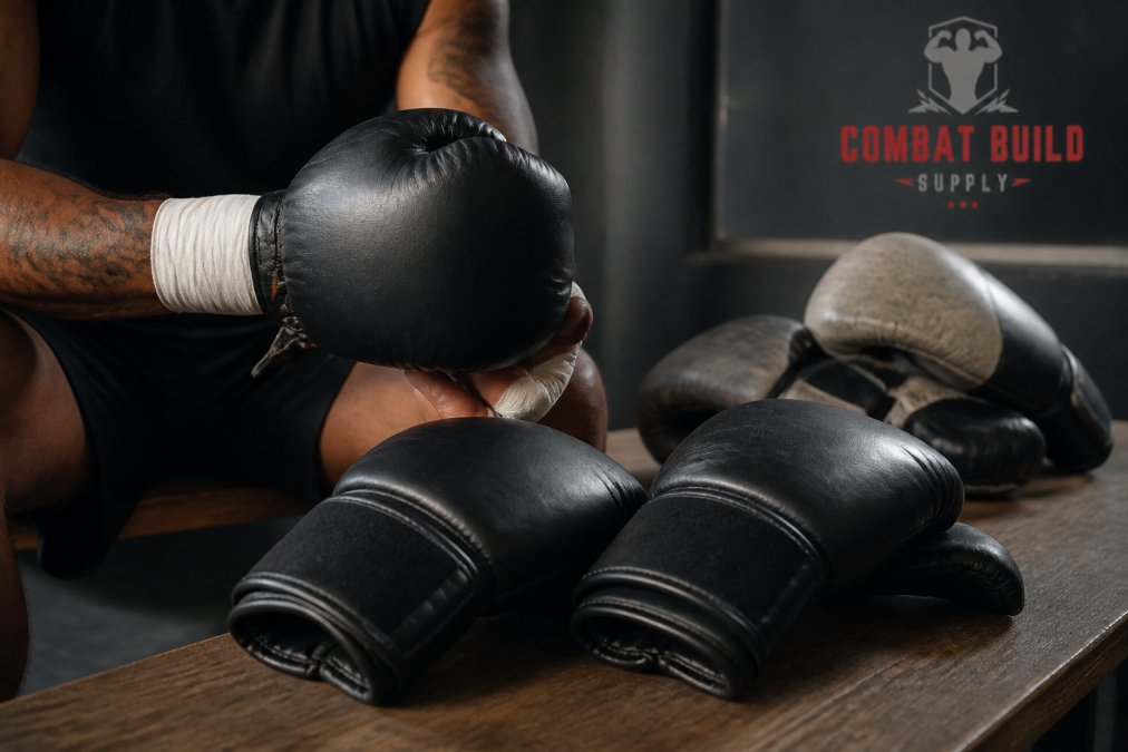 Close-up of a boxer's gloved hands taped and ready, with worn synthetic gloves in the background and new leather gloves in the foreground, showing contrast in material quality