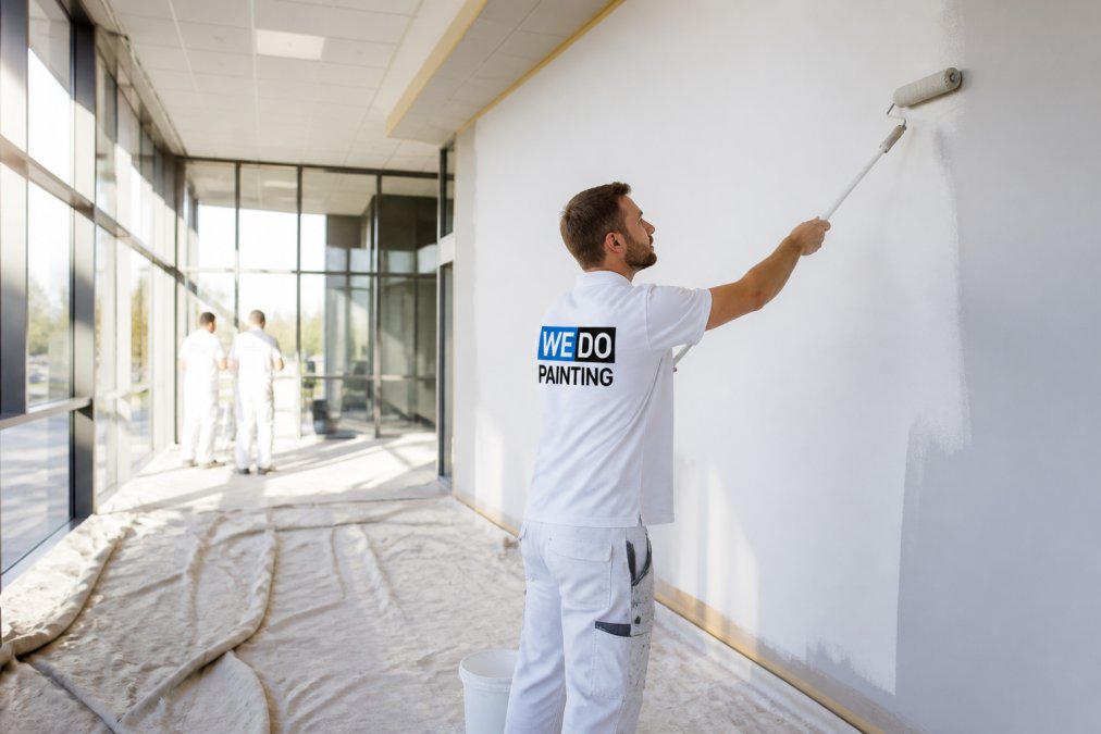 A professional painter in clean workwear applying paint with a roller to a large interior commercial wall, drop sheets protecting the floor, natural light coming through tall windows