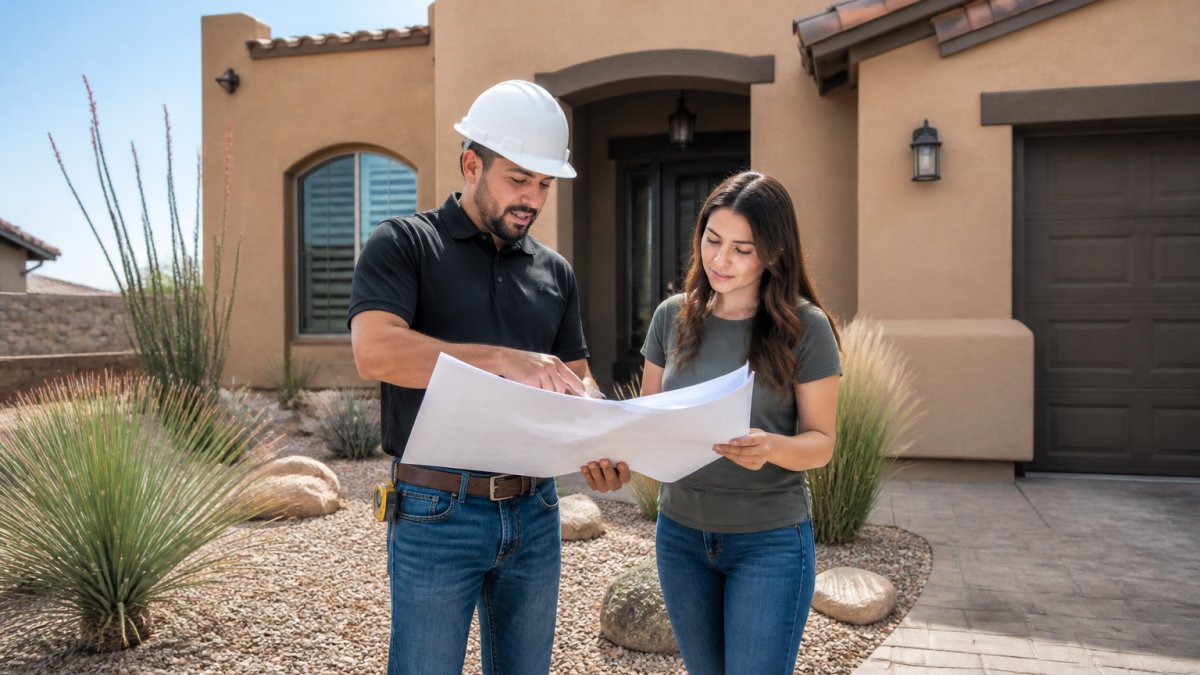 A construction consultant in a hard hat reviewing blueprints with a homeowner in front of a Southwestern-style home with stucco exterior, desert landscaping visible, bright sunny day