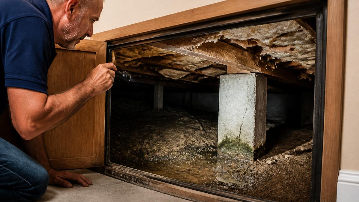 A homeowner kneeling at an open crawl space hatch with a flashlight, illuminating damp soil, sagging insulation, and a cracked concrete pier under the house