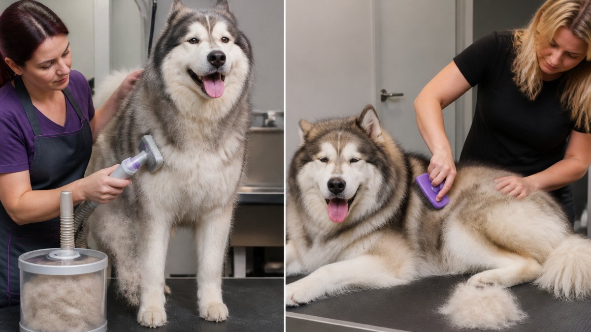 Professional groomer using specialized de-shedding tool on fluffy double-coated dog, with visible loose fur and undercoat being removed into collection container, bright professional grooming salon lighting