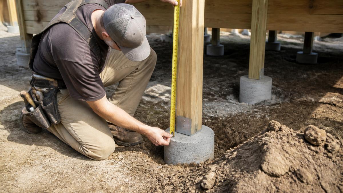 Professional deck builder inspecting concrete footings and foundation posts during construction, checking depth and stability with measuring tools in natural daylight