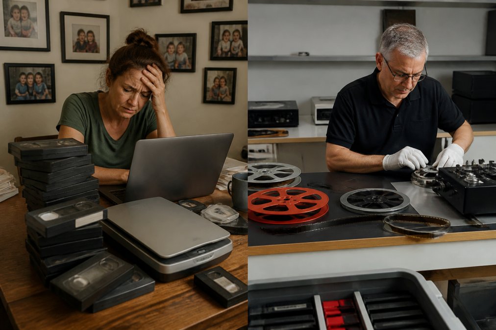 A person sitting at a home desk surrounded by stacks of old VHS tapes and a flatbed scanner, looking frustrated at a laptop screen, with family photos pinned to the wall behind them