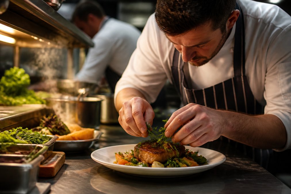 A chef's hands carefully plating a main course with locally sourced vegetables in a warm, busy professional kitchen, steam rising from fresh ingredients