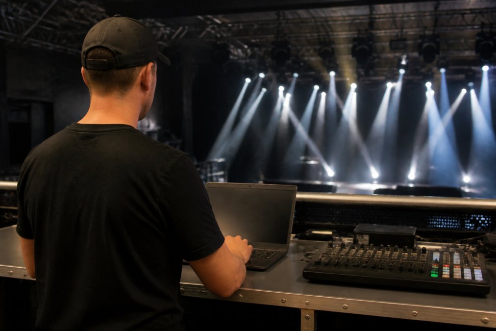 Lighting technician using professional DMX software on a laptop with a MIDI controller at a small live music venue.
