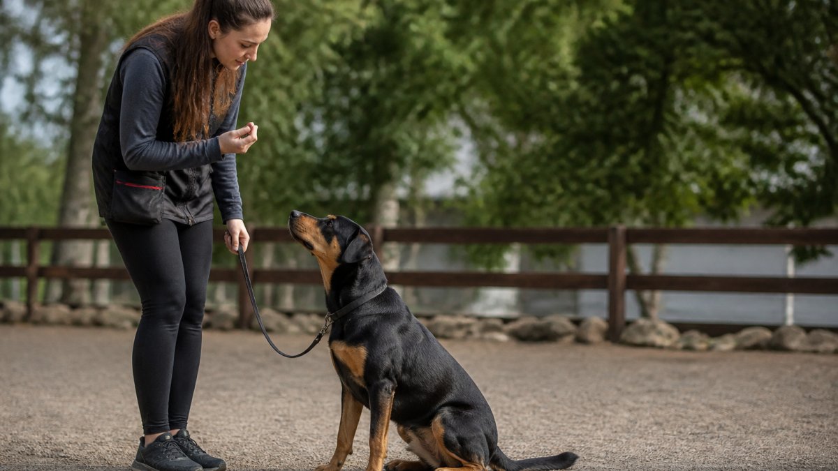Professional dog trainer working one-on-one with a focused dog during an obedience session in a controlled training environment with natural outdoor lighting