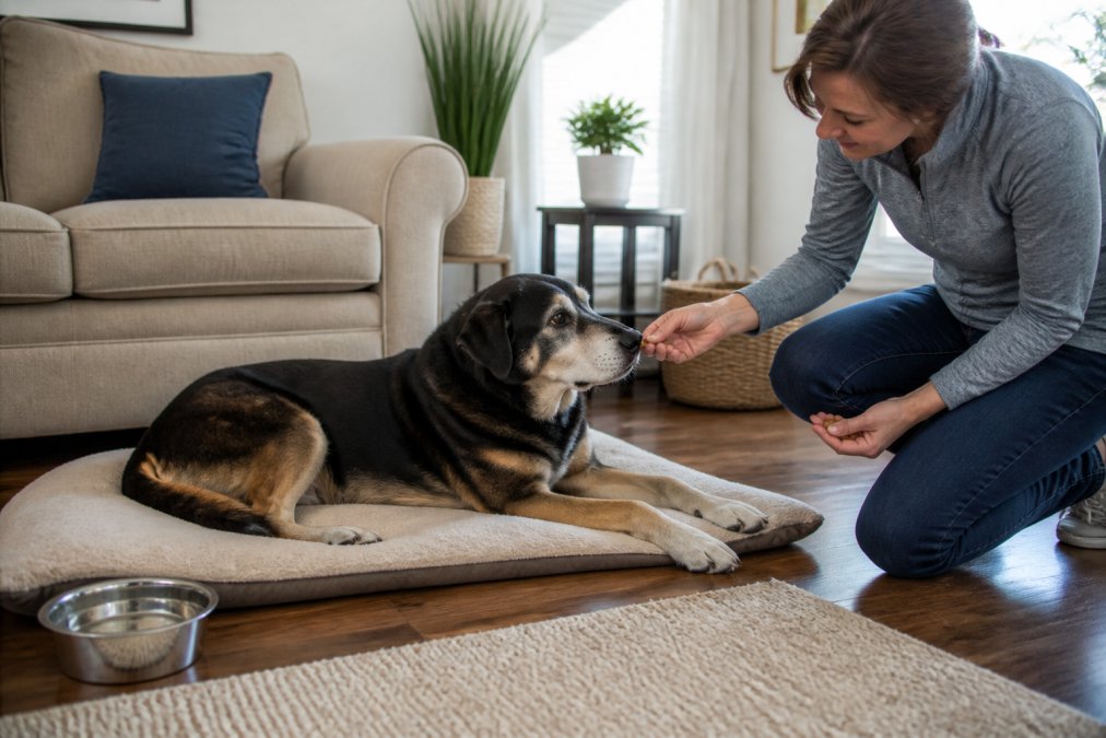An older large-breed dog lying on a soft mat in a living room while a trainer kneels beside it offering a treat, with a bowl of water and a non-slip rug visible nearby