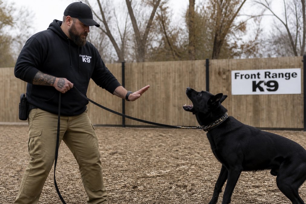 Professional dog trainer working with a reactive dog during a controlled leash session in an outdoor training environment, demonstrating focus techniques with calm, deliberate movements