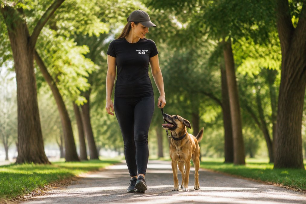 Dog owner and their well-behaved dog enjoying a calm walk together in a park setting, both visibly relaxed with natural sunlight filtering through trees