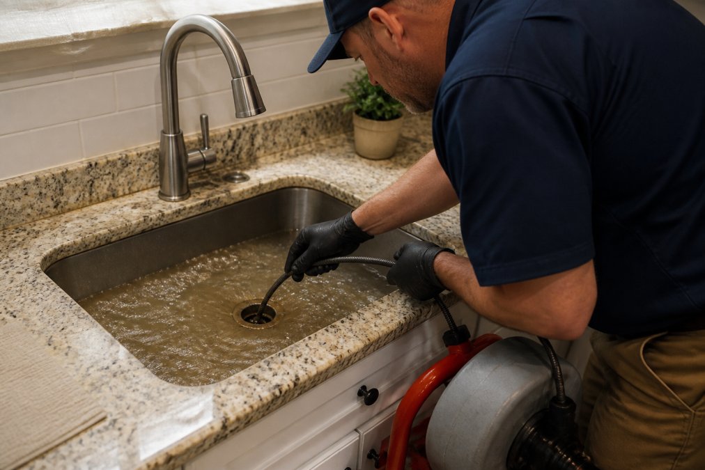 Professional plumber using a drain snake on a kitchen sink with water backing up, showing hands-on drain clearing work with focused lighting on the sink basin