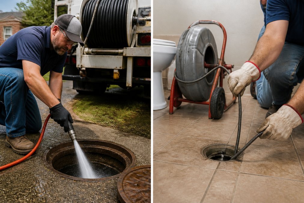 Professional plumber operating hydro jetting equipment on a main sewer line, with high-pressure hose spraying water against pipe interior in outdoor setting
