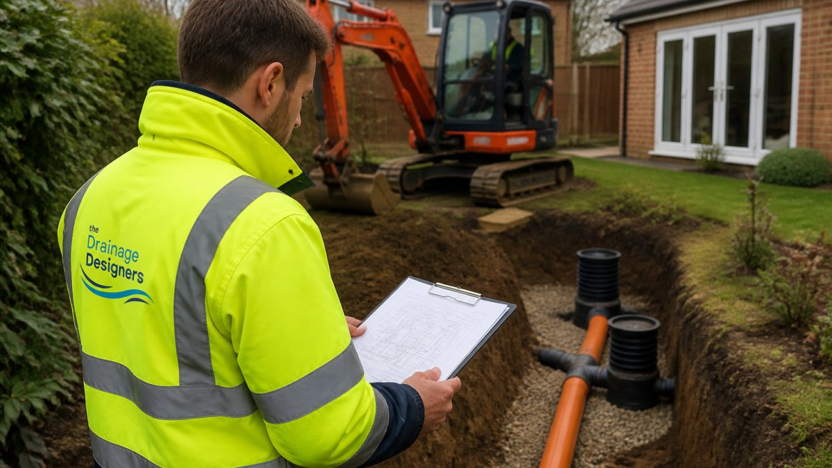 A drainage engineer in high-visibility clothing examining a site survey plan on a clipboard while standing in a residential garden, with a small excavator and pipework visible in the background