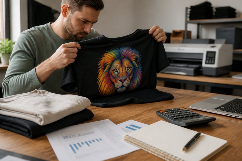 Professional hands carefully examining a finished DTF-printed t-shirt under natural light, inspecting print quality and colour vibrancy