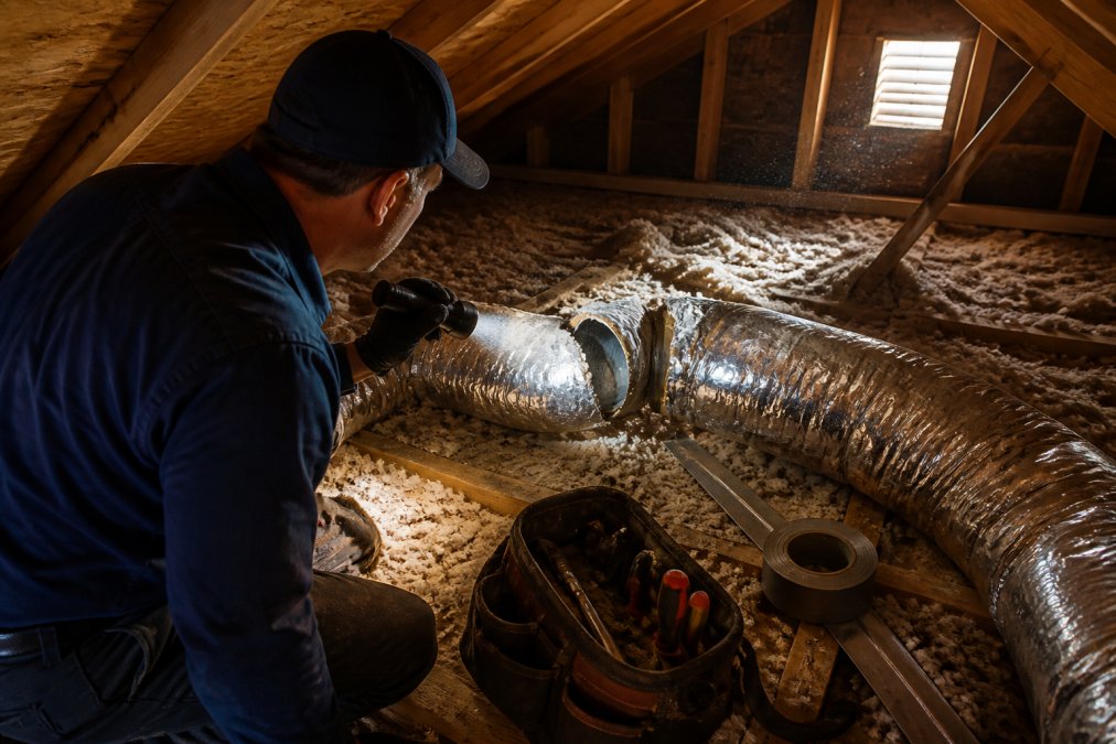 A homeowner in a dusty attic aiming a flashlight at a disconnected flex duct joint, insulation scattered across the joists, late afternoon light through a roof vent