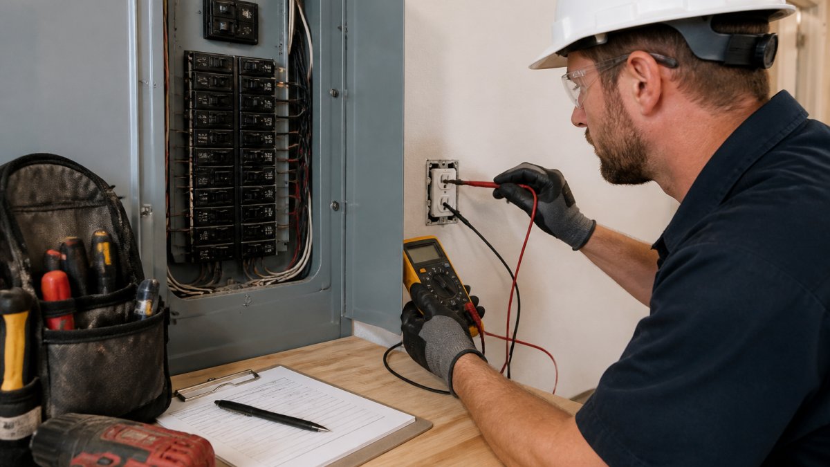 Electrician using a multimeter for a professional electrical inspection of an outlet and circuit breaker panel