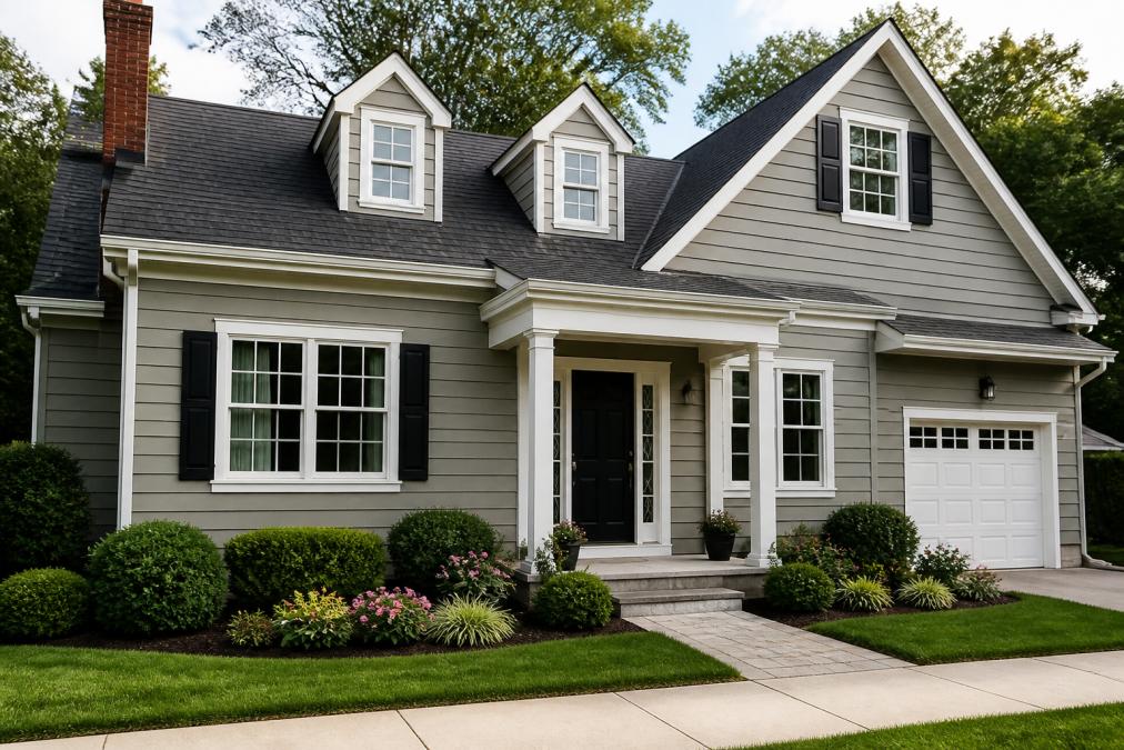 Freshly painted residential home exterior in neutral tones with well-maintained landscaping, welcoming front entrance, and professional finish quality in bright natural daylight