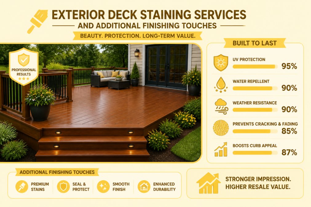 Professional stained deck in rich wood tones showing durability and aesthetic appeal with clear weather protection, surrounded by well-maintained landscaping in natural daylight