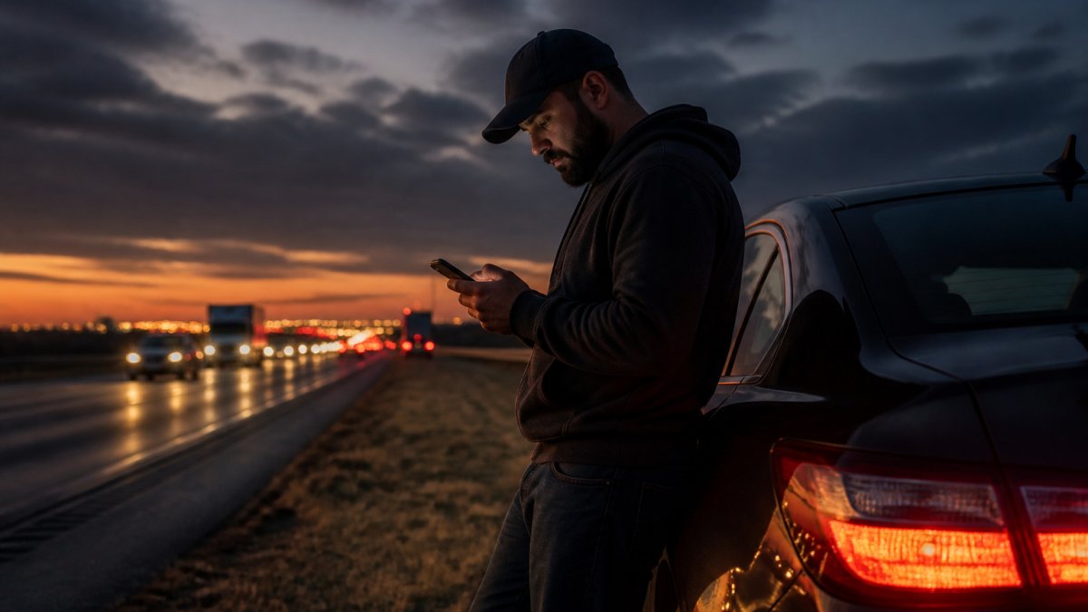 Driver calling for professional fuel delivery while standing safely by their car on a highway shoulder at dusk.