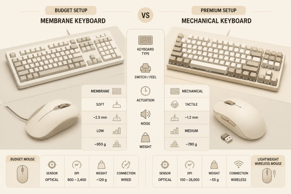 Side-by-side comparison of a budget membrane keyboard and a premium mechanical keyboard on a desk, with a budget mouse and a lightweight wireless mouse in the foreground