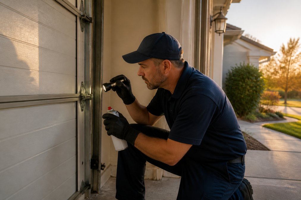 A uniformed technician kneeling beside a residential garage door, using a flashlight to inspect the rollers and track while holding a can of lubricant spray in the late afternoon light