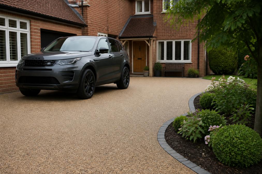 A newly installed resin bound driveway on a Norfolk home, showing a smooth, uniform surface with a neat garden border and a family car parked on it