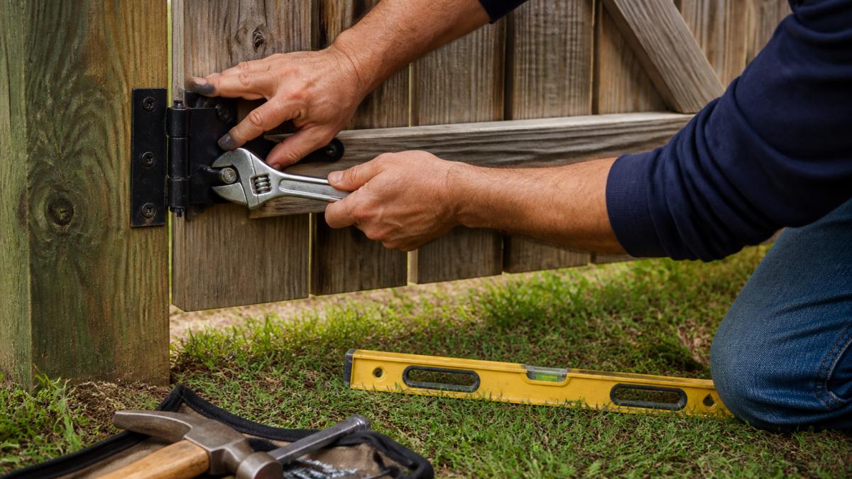 Close-up of a homeowner's hands using a wrench to tighten a hinge bolt on a wooden gate that is sagging at the corner, with a level tool resting nearby on the grass