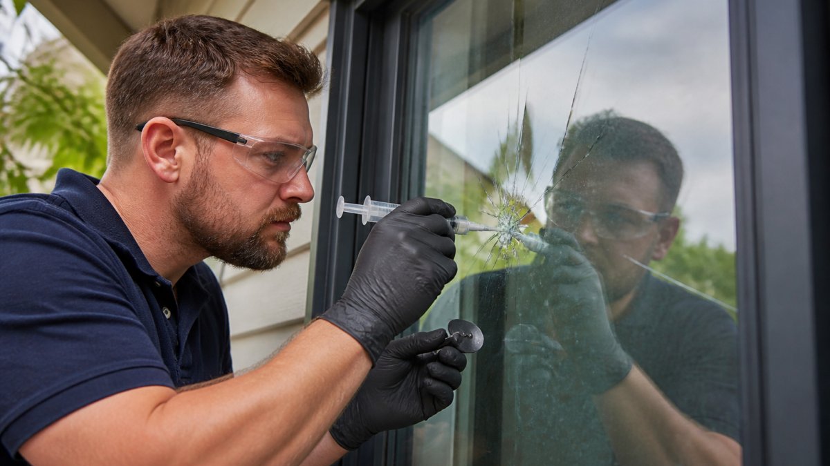 Qualified glazier in safety glasses carefully inspecting a cracked window panel, applying professional repair resin with precision tools in natural daylight